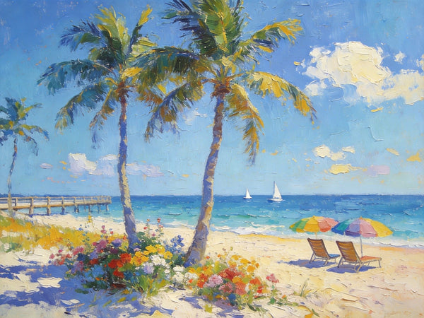 Summer Resort, Seaside Tranquility, Seashore Palm Tree Painting, Landscape Canvas Paintings, Hand Painted Canvas Art, Small Oil Paintings, Small Wall Art Paintings, Original Canvas Paintings-Grace Painting Crafts