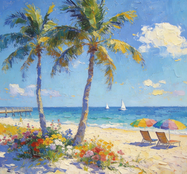 Summer Resort, Seaside Tranquility, Seashore Palm Tree Painting, Landscape Canvas Paintings, Hand Painted Canvas Art, Small Oil Paintings, Small Wall Art Paintings, Original Canvas Paintings-Grace Painting Crafts