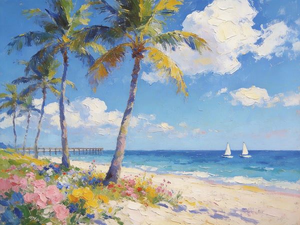 Landscape Paintings on Canvas, Beach Paradise with Palm Trees, Seashore Beach Paintings, Buy Paintings Online, Palette Knife Oil Paintings, Hand Painted Canvas Art, Original Oil Paintings-Grace Painting Crafts