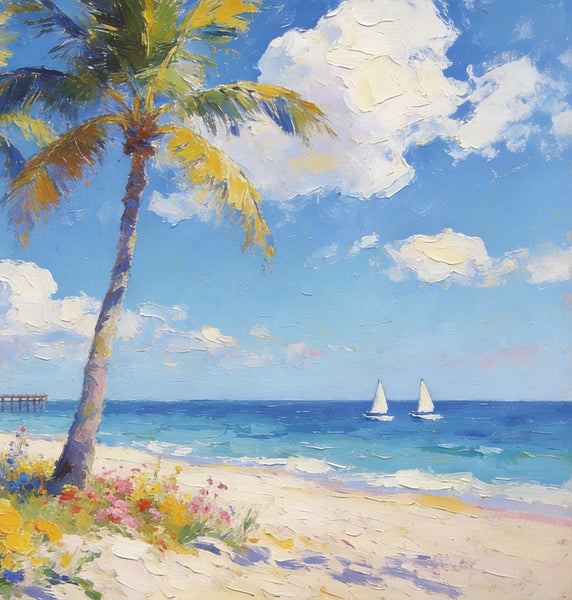 Landscape Paintings on Canvas, Beach Paradise with Palm Trees, Seashore Beach Paintings, Buy Paintings Online, Palette Knife Oil Paintings, Hand Painted Canvas Art, Original Oil Paintings-Grace Painting Crafts