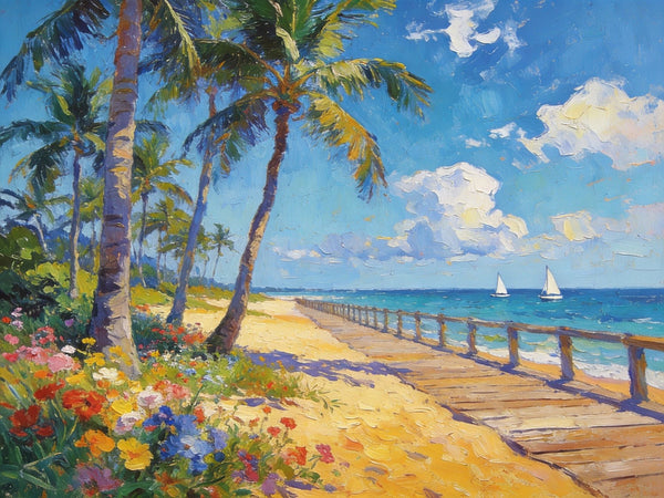 Small Wall Art Paintings, Beachside Beauty, Seashore Palm Tree Paintings, Small Oil Paintings, Hand Painted Canvas Art, Canvas Paintings for Living Room, Original Landscape Paintings-Grace Painting Crafts