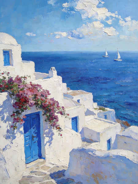 On Canvas Small Paintings, Mediterranean Bliss by the Aegean, Seashore Painting, Beach Oil Paintings, Landscape Canvas Paintings, Original Landscape Paintings, Hand Painted Canvas Art-Grace Painting Crafts
