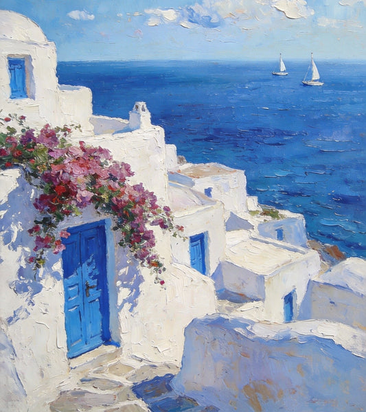 On Canvas Small Paintings, Mediterranean Bliss by the Aegean, Seashore Painting, Beach Oil Paintings, Landscape Canvas Paintings, Original Landscape Paintings, Hand Painted Canvas Art-Grace Painting Crafts