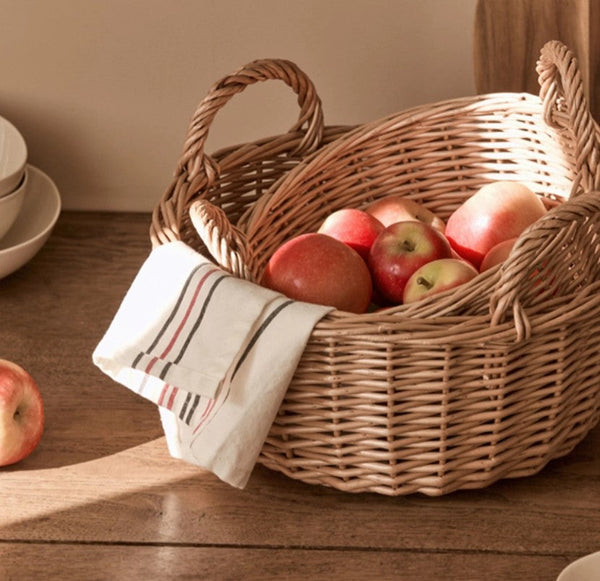 Picnic Fruit Basket with Handle, Kitchen Storage Baskets, Natural Hand-woven Wicker Round Storage Basket, Lovely Willow Weaving Baskets for Vegetable, Natural Fruit Storage Basket-Grace Painting Crafts