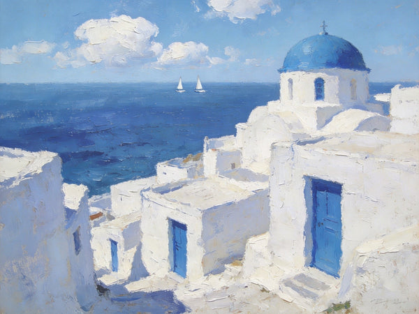Palette Knife Oil Paintings, Aegean's Azure Allure, Seashore Beach Paintings, Landscape Canvas Paintings, Small Landscape Paintings on Canvas, Hand Painted Canvas Art, Original Oil Paintings-Grace Painting Crafts