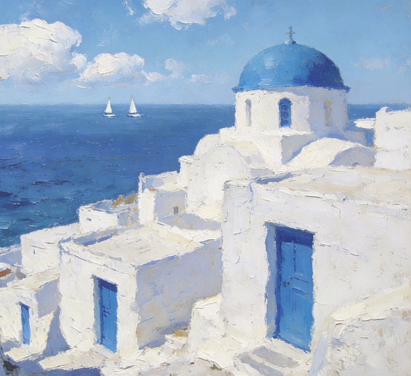 Palette Knife Oil Paintings, Aegean's Azure Allure, Seashore Beach Paintings, Landscape Canvas Paintings, Small Landscape Paintings on Canvas, Hand Painted Canvas Art, Original Oil Paintings-Grace Painting Crafts