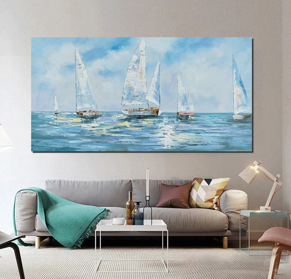 Sail Boat Acrylic Paintings on Canvas, Hand Painted Wall Art Paintings, Contemporary Canvas Artwork, Abstract Wall Art Paintings, Modern Art Paintings for Dining Room-Grace Painting Crafts