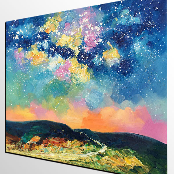 Abstract Landscape Painting, Starry Night Sky Painting, Heavy Texture Painting, Custom Canvas Painting for Sale, Large Painting for Bedroom-Grace Painting Crafts