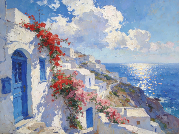 Small Original Oil Paintings, Coastal Charm of the Aegean, Hand Painted Canvas Art, Landscape Wall Art Paintings, Landscape Paintings for Living Room-Grace Painting Crafts