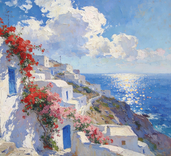 Small Original Oil Paintings, Coastal Charm of the Aegean, Hand Painted Canvas Art, Landscape Wall Art Paintings, Landscape Paintings for Living Room-Grace Painting Crafts