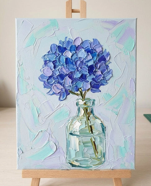 Hand Painted Canvas Artwork, Blue Hydrangea Flowers in Glass Vase, Original Flower Paintings, Original Acrylic Painting on Canvas, Small Canvas Artwork for Sale, Impasto Canvas Art-Grace Painting Crafts