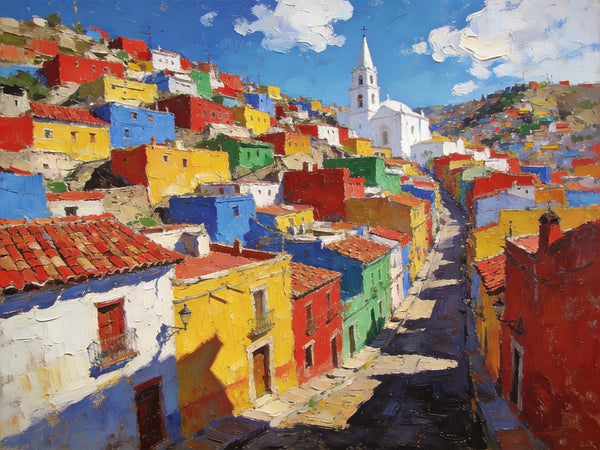 Canvas Wall Art Paintings, Guanajuato's Chromatic Charm, Hand Painted Canvas Art, Small Oil Paintings, Landscape Canvas Paintings, Original Canvas Paintings-Grace Painting Crafts