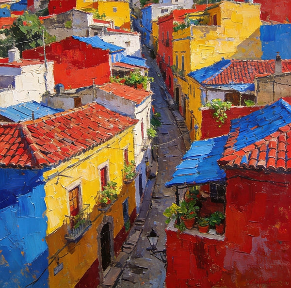 Original Wall Art Paintings, Guanajuato's Vibrant Hilltop Village, Hand Painted Canvas Wall Art, Heavy Texture Artwork, Small Oil Paintings-Grace Painting Crafts