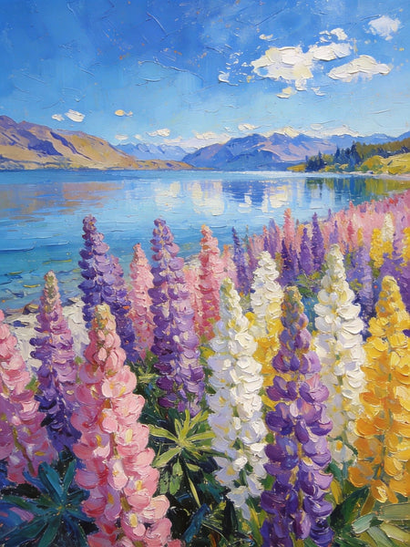 Small Oil Paintings, Scenic Lake Pukaki with Flowers, Heavy Texture Artwork, Hand Painted Canvas Art, Original Landscape Paintings, Canvas Paintings for Bedroom-Grace Painting Crafts