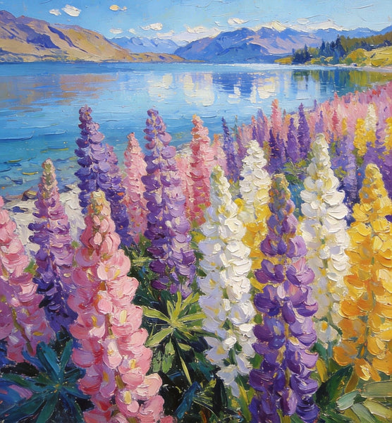 Small Oil Paintings, Scenic Lake Pukaki with Flowers, Heavy Texture Artwork, Hand Painted Canvas Art, Original Landscape Paintings, Canvas Paintings for Bedroom-Grace Painting Crafts