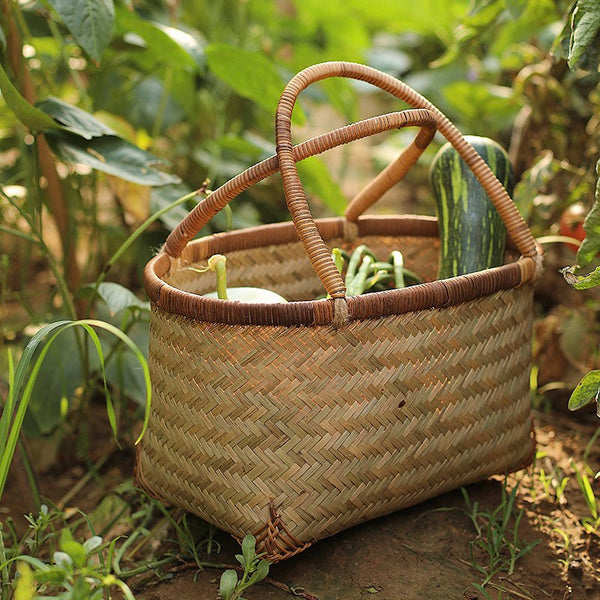 Storage Basket with Handle, Large Kitchen Storage Baskets, Natural Hand-woven Bamboo Storage Basket, Lovely Bamboo Weaving Baskets for Vegetable, Picnic Fruit Storage Baskets-Grace Painting Crafts