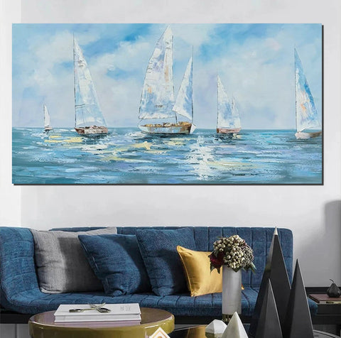 Sail Boat Acrylic Paintings on Canvas, Hand Painted Wall Art Paintings, Contemporary Canvas Artwork, Abstract Wall Art Paintings, Modern Art Paintings for Dining Room-Grace Painting Crafts