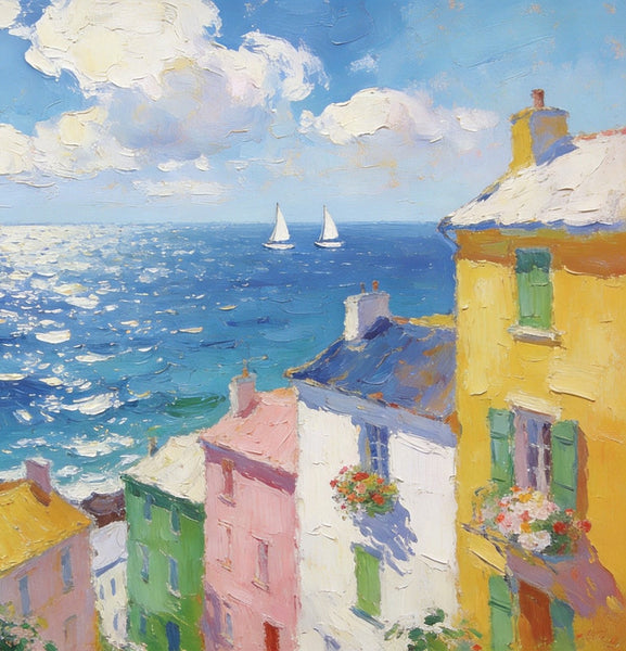 Landscape Paintings for Living Room, Seaside Town Enchanting Landscape, Hand Painted Canvas Art, Small Canvas Paintings, Landscape Wall Art Paintings, Original Oil Paintings-Grace Painting Crafts