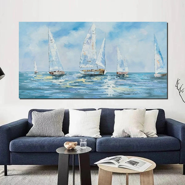 Sail Boat Acrylic Paintings on Canvas, Hand Painted Wall Art Paintings, Contemporary Canvas Artwork, Abstract Wall Art Paintings, Modern Art Paintings for Dining Room-Grace Painting Crafts