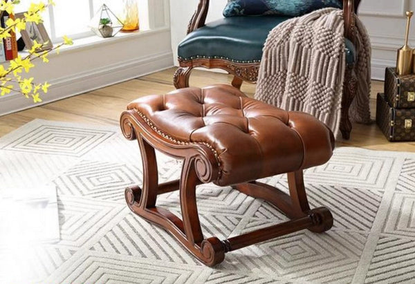 Cherry Wood Footstool, Vintage Leather Stool, Genuine Leather Solid Wood Entry Bench, Long Bench, Vanity Stool, Dressing Table Stool-Grace Painting Crafts