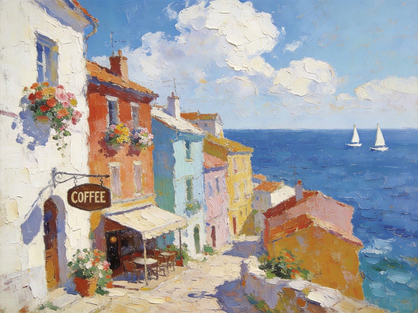 Original Landscape Paintings, Beach Town Serenity, Small Oil Paintings, Buy Painting Online, Hand Painted Canvas Art, Heavy Texture Artwork-Grace Painting Crafts