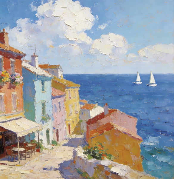 Original Landscape Paintings, Beach Town Serenity, Small Oil Paintings, Buy Painting Online, Hand Painted Canvas Art, Heavy Texture Artwork-Grace Painting Crafts