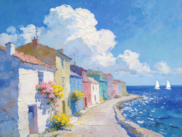 Small Landscape Paintings on Canvas, Coastal Town Dreamy Vista, Seashore Beach Paintings, Landscape Canvas Paintings, Palette Knife Oil Paintings, Hand Painted Canvas Art, Original Oil Paintings-Grace Painting Crafts