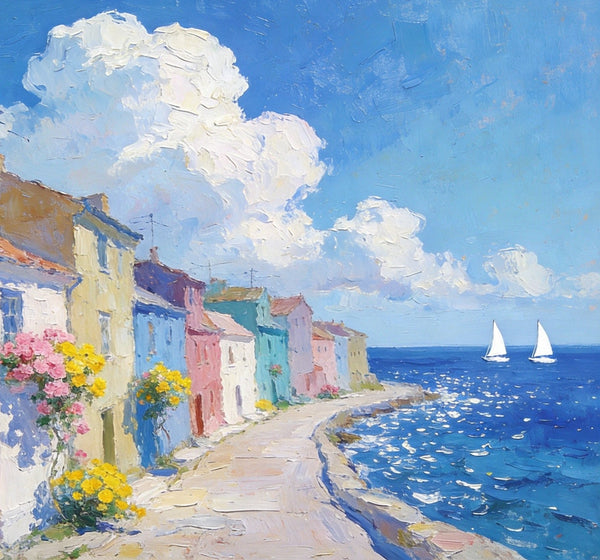 Small Landscape Paintings on Canvas, Coastal Town Dreamy Vista, Seashore Beach Paintings, Landscape Canvas Paintings, Palette Knife Oil Paintings, Hand Painted Canvas Art, Original Oil Paintings-Grace Painting Crafts