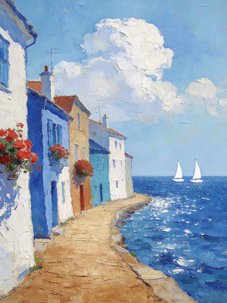 Palette Knife Artwork, Seaside Town Peaceful Ambiance, Hand Painted Canvas Art, Small Oil Paintings, Original Canvas Paintings, Landscape Paintings for Bedroom-Grace Painting Crafts