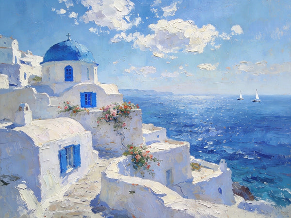 The Blue Domed Church by the Sea, Hand Painted Canvas Art, Small Oil Paintings, Heavy Texture Artwork, Landscape Canvas Paintings, Original Canvas Paintings-Grace Painting Crafts