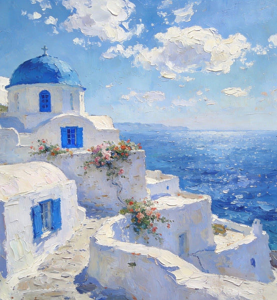 The Blue Domed Church by the Sea, Hand Painted Canvas Art, Small Oil Paintings, Heavy Texture Artwork, Landscape Canvas Paintings, Original Canvas Paintings-Grace Painting Crafts