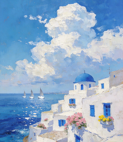 Greek Dream by the Aegean, Seashore Paintings, Canvas Paintings for Bedroom, Original Landscape Paintings, Heavy Texture Artwork, Small Oil Paintings, Hand Painted Canvas Art-Grace Painting Crafts