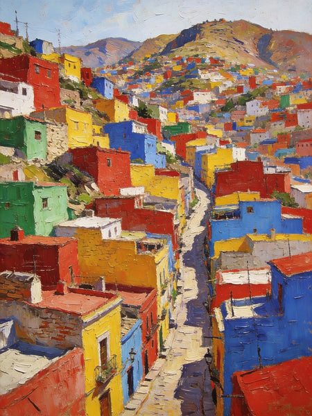 Original Landscape Art, Guanajuato's Hued Houses and Winding Paths, Small Oil Paintings, Hand Painted Canvas Art, Heavy Texture Wall Art Paintings, Landscape Paintings for Bedroom-Grace Painting Crafts