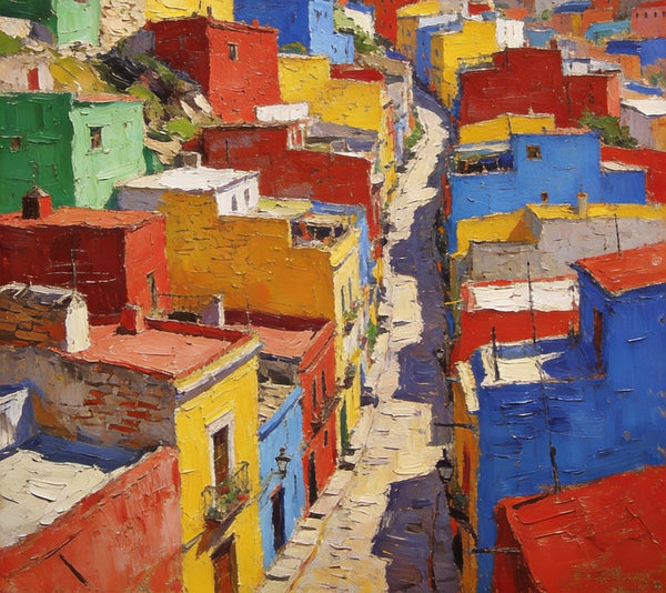 Original Landscape Art, Guanajuato's Hued Houses and Winding Paths, Small Oil Paintings, Hand Painted Canvas Art, Heavy Texture Wall Art Paintings, Landscape Paintings for Bedroom-Grace Painting Crafts