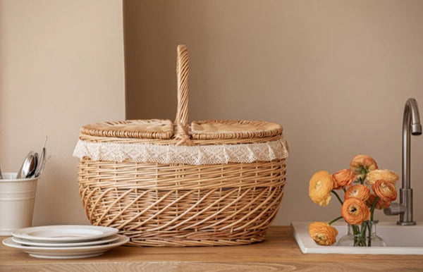 Extra Large Kitchen Storage Baskets, Picnic Storage Basket with Handle, Natural Hand-woven Wicker Storage Basket, Lovely Willow Weaving Baskets for Vegetable, Natural Fruit Storage Baskets-Grace Painting Crafts
