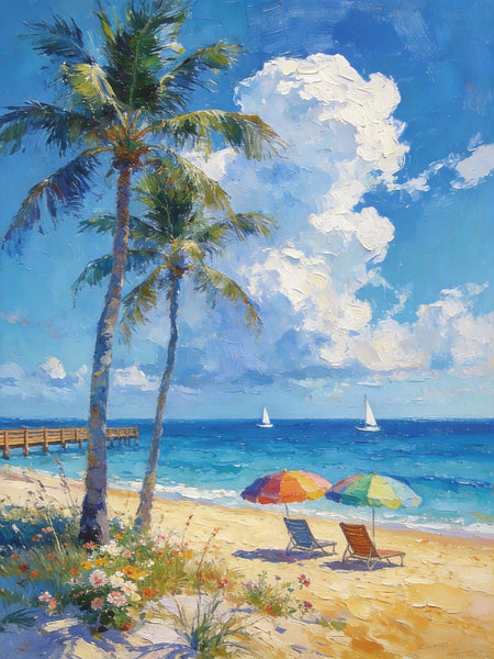 Heavy Texture Artwork, Coastal Peach and Quiet, Palm Trees Seashore Paintings, Hand Painted Canvas Wall Art, Original Oil Paintings, Small Canvas Paintings, Small Canvas Paintings-Grace Painting Crafts