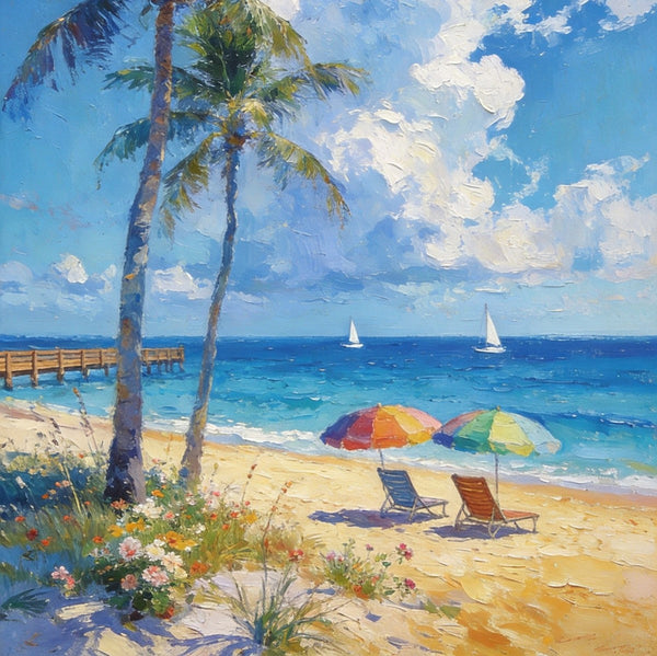 Heavy Texture Artwork, Coastal Peach and Quiet, Palm Trees Seashore Paintings, Hand Painted Canvas Wall Art, Original Oil Paintings, Small Canvas Paintings, Small Canvas Paintings-Grace Painting Crafts