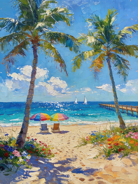 Original Landscape Paintings, Tropical Coastal Charm, Palm Tree Seashore Paintings, Canvas Paintings for Bedroom, Heavy Texture Artwork, Small Oil Paintings, Hand Painted Canvas Art-Grace Painting Crafts