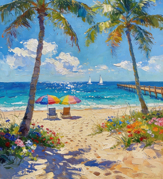 Original Landscape Paintings, Tropical Coastal Charm, Palm Tree Seashore Paintings, Canvas Paintings for Bedroom, Heavy Texture Artwork, Small Oil Paintings, Hand Painted Canvas Art-Grace Painting Crafts