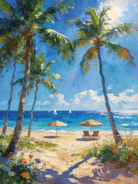 Canvas Paintings for Dining Room, Beachside Haven, Palm Tree Seashore Paintings, Original Landscape Paintings, Heavy Texture Artwork, Small Oil Paintings, Hand Painted Canvas Art-Grace Painting Crafts