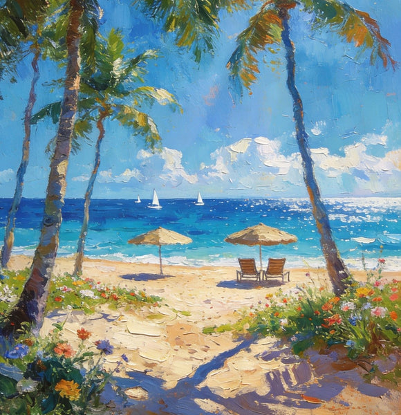 Canvas Paintings for Dining Room, Beachside Haven, Palm Tree Seashore Paintings, Original Landscape Paintings, Heavy Texture Artwork, Small Oil Paintings, Hand Painted Canvas Art-Grace Painting Crafts