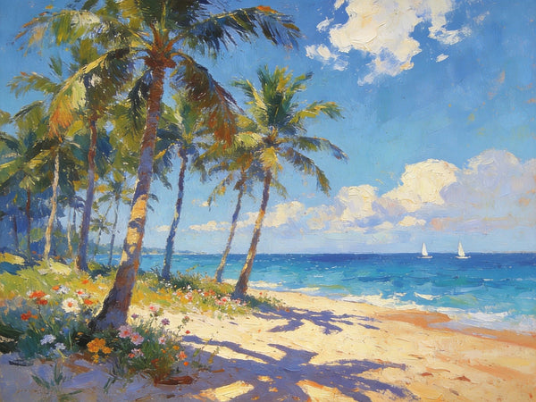 Hand Painted Canvas Art, Seaside Serenity, Seashore Palm Tree Paintings, Small Oil Paintings, Canvas Paintings for Living Room, Small Wall Art Paintings, Original Landscape Paintings-Grace Painting Crafts