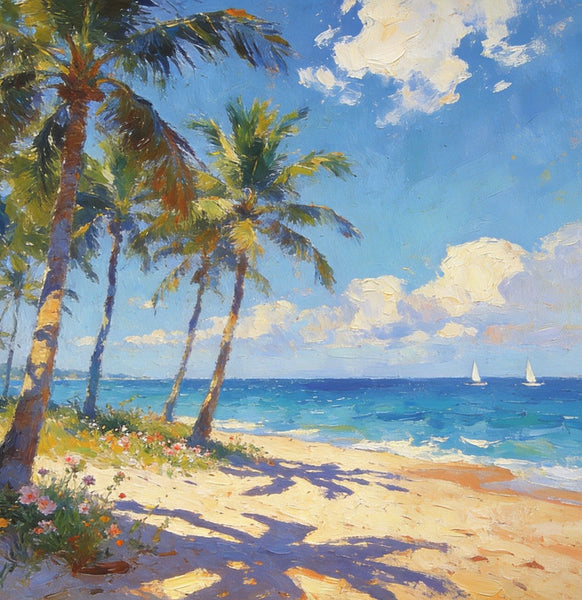 Hand Painted Canvas Art, Seaside Serenity, Seashore Palm Tree Paintings, Small Oil Paintings, Canvas Paintings for Living Room, Small Wall Art Paintings, Original Landscape Paintings-Grace Painting Crafts