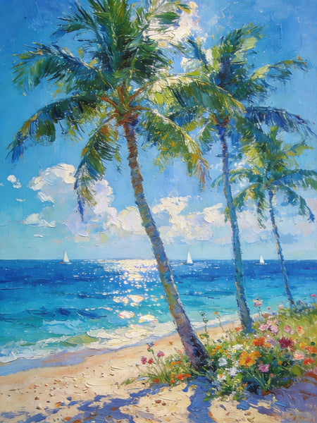 Canvas Paintings for Bedroom, Sunlit Shoreline, Palm Tree Seashore Paintings, Heavy Texture Artwork, Original Landscape Paintings, Small Oil Paintings, Hand Painted Canvas Wall Art-Grace Painting Crafts