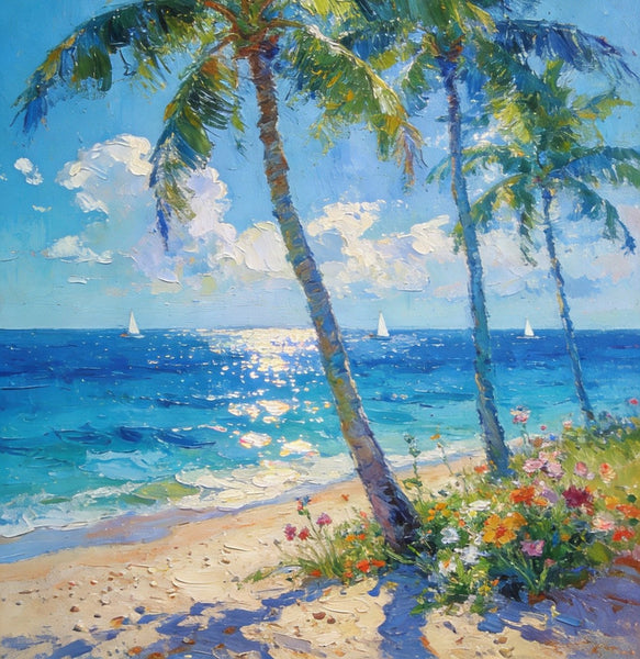 Canvas Paintings for Bedroom, Sunlit Shoreline, Palm Tree Seashore Paintings, Heavy Texture Artwork, Original Landscape Paintings, Small Oil Paintings, Hand Painted Canvas Wall Art-Grace Painting Crafts