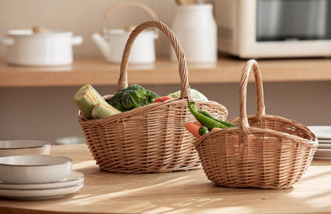 Natural Hand-woven Wicker Storage Basket, Large Picnic Food Basket with Handle, Lovely Willow Weaving Baskets for Vegetable, Natural Fruit Basket, Kitchen Storage Baskets-Grace Painting Crafts