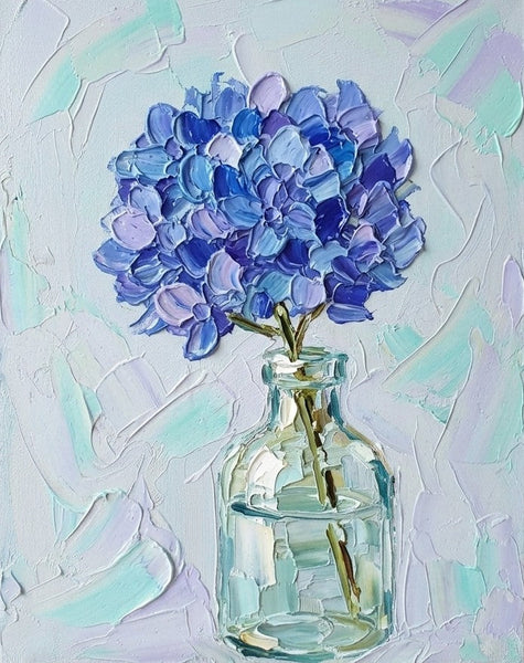 Hand Painted Canvas Artwork, Blue Hydrangea Flowers in Glass Vase, Original Flower Paintings, Original Acrylic Painting on Canvas, Small Canvas Artwork for Sale, Impasto Canvas Art-Grace Painting Crafts