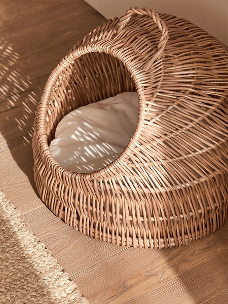 Indoor Cat Bed, Natural Wicker Cat House Basket with Washable Cushion for Indoor Cats and Dogs-Grace Painting Crafts
