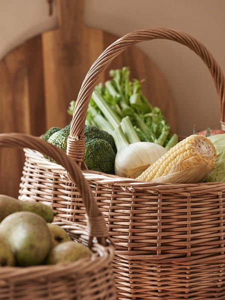 Large Picnic Food Basket with Handle, Natural Hand-woven Wicker Storage Basket, Willow Weaving Baskets for Vegetable, Natural Fruit Basket, Kitchen Storage Baskets-Grace Painting Crafts