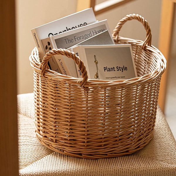 Small Picnic Fruit Basket with Handle, Kitchen Storage Baskets, Natural Hand-woven Wicker Round Storage Basket, Small Willow Weaving Baskets for Vegetable, Natural Fruit Storage Basket-Grace Painting Crafts